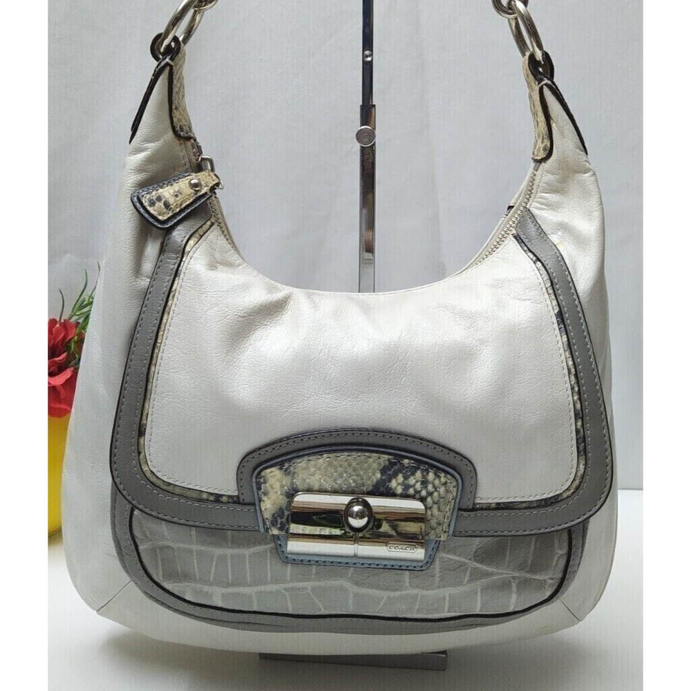 Coach Kristin White Leather Snakeskin Detail Zipper Hobo Shoulder Bag - Picture 8 of 14